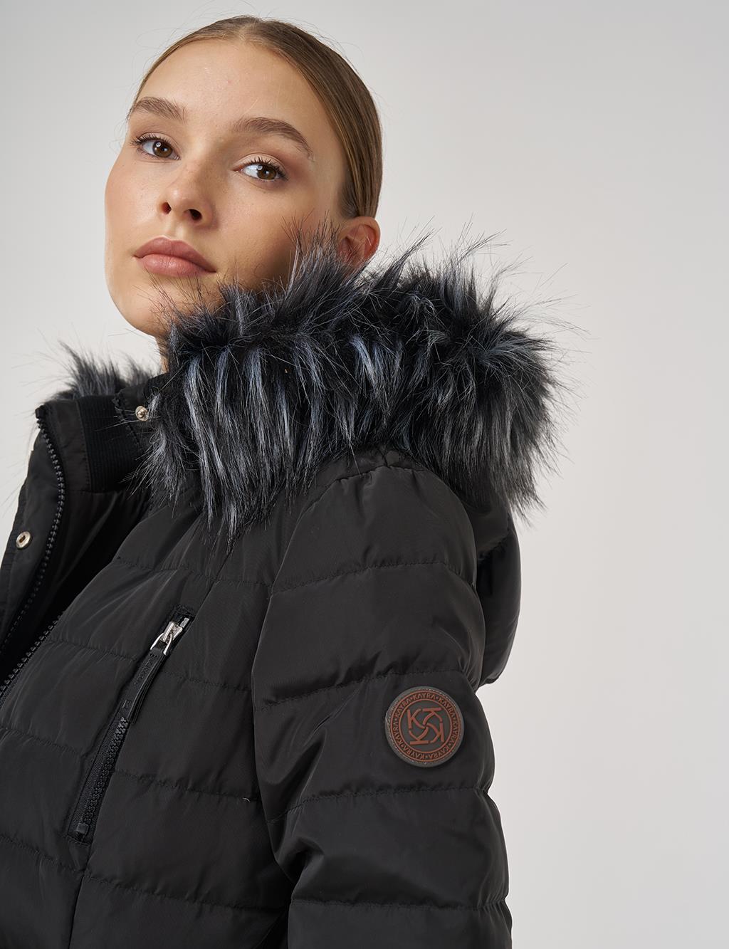 Drawstring Waist Goose Down Padded Coat Black