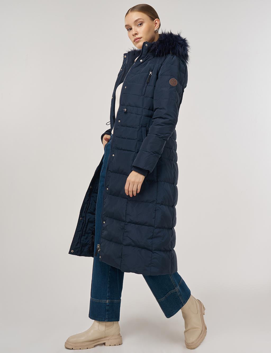 Drawstring Waist Goose Down Padded Coat Navy 