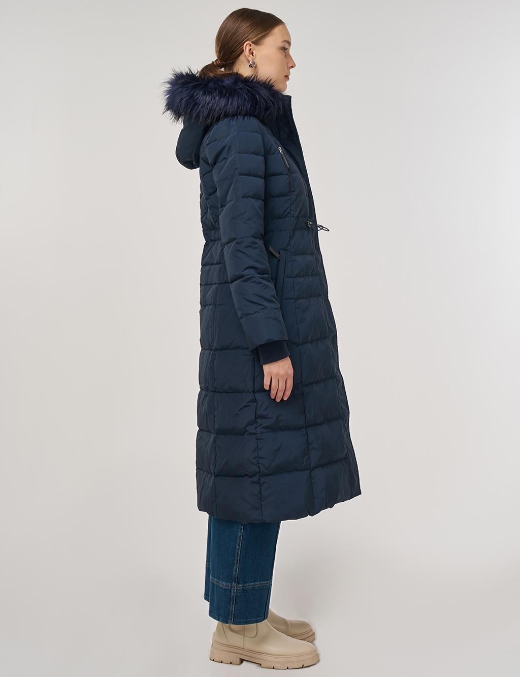 Drawstring Waist Goose Down Padded Coat Navy 