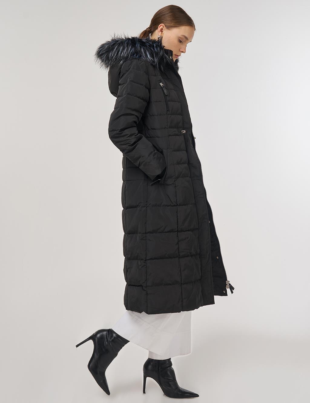 Drawstring Waist Goose Down Padded Coat Black