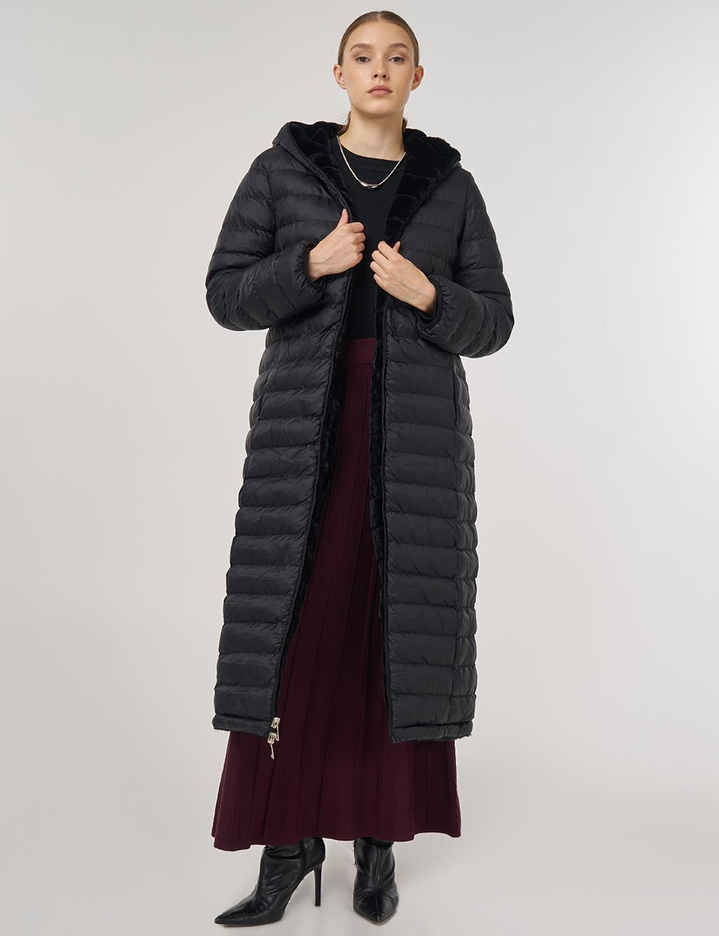 Çift Taraflı Kapüşonlu Mont Siyah 