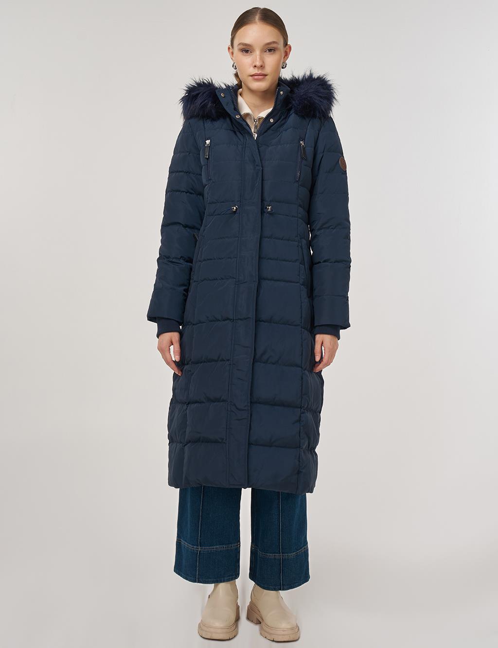 Drawstring Waist Goose Down Padded Coat Navy 