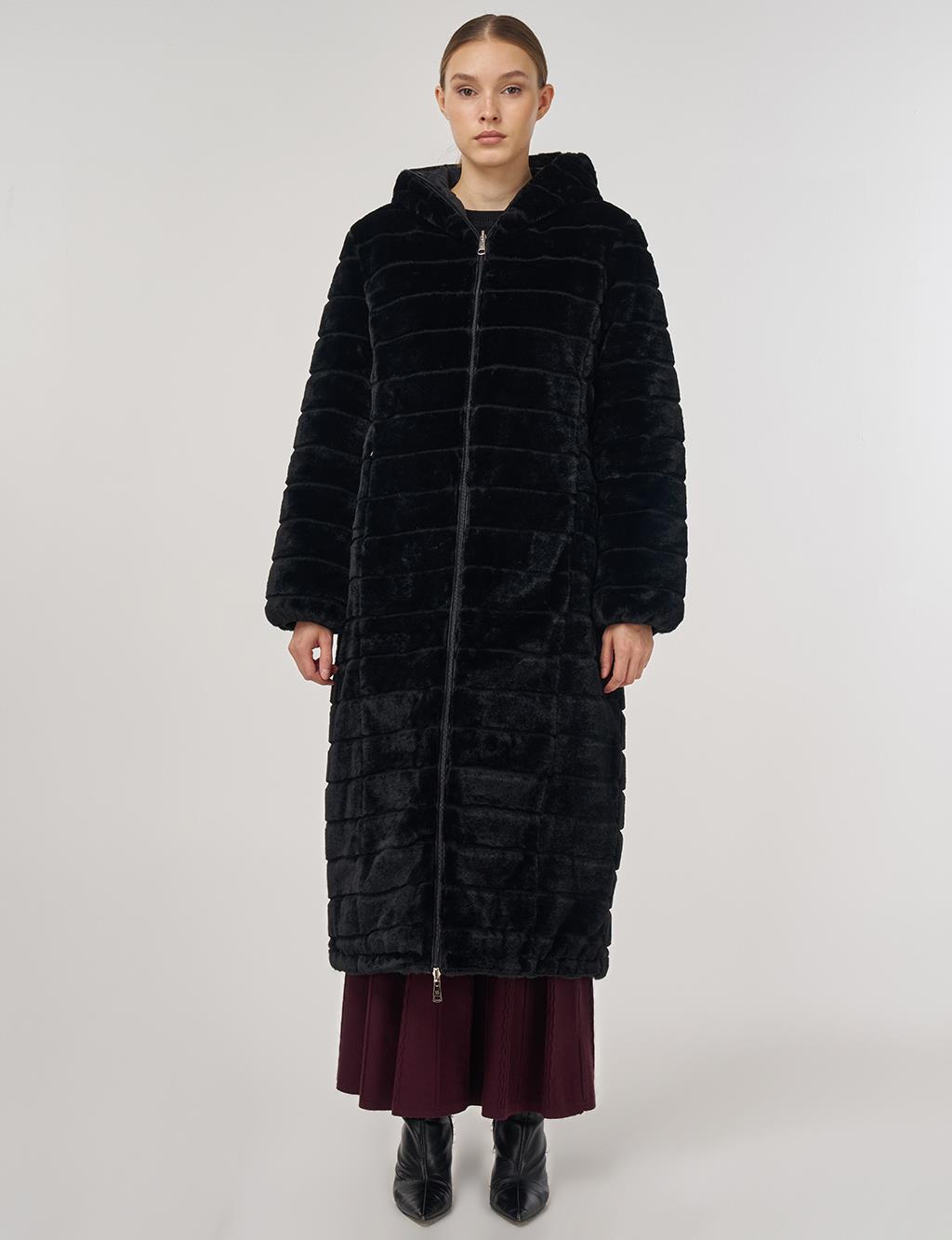 Çift Taraflı Kapüşonlu Mont Siyah 