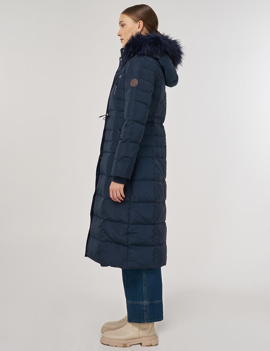 Drawstring Waist Goose Down Padded Coat Navy 