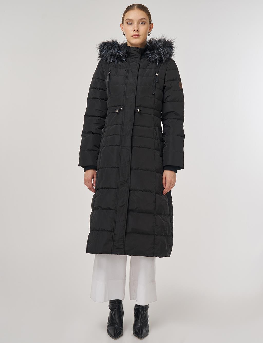 Drawstring Waist Goose Down Padded Coat Black