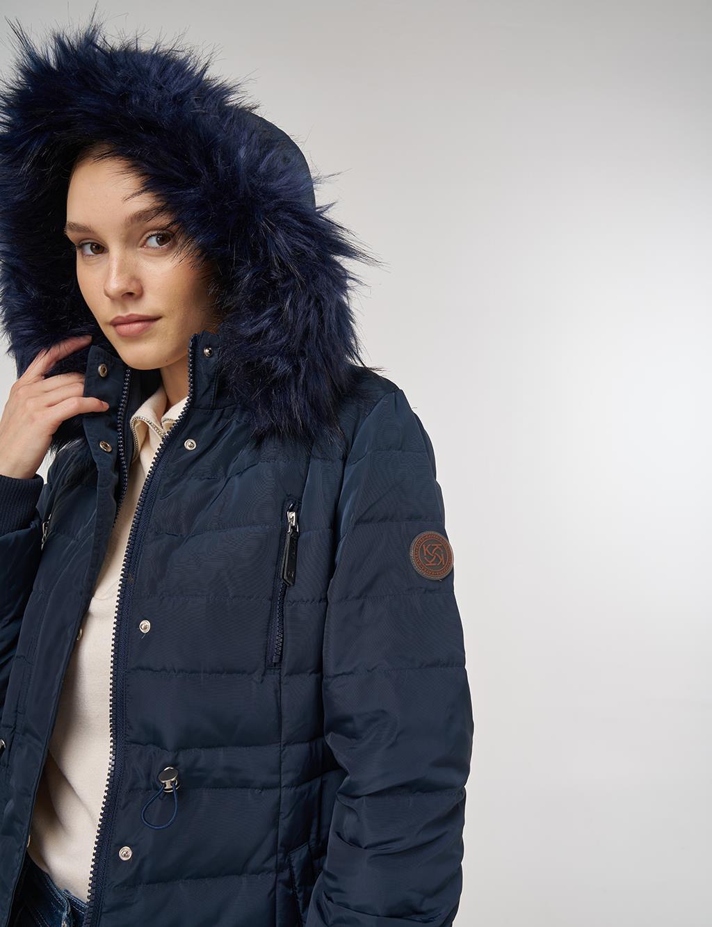 Drawstring Waist Goose Down Padded Coat Navy 
