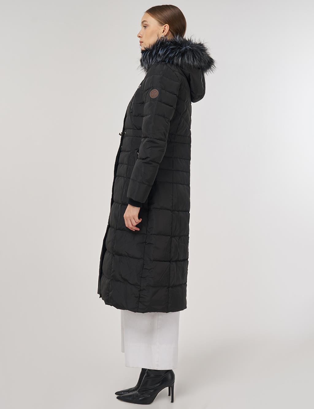 Drawstring Waist Goose Down Padded Coat Black