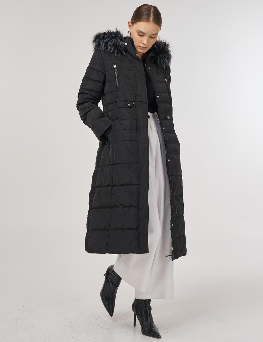 Drawstring Waist Goose Down Padded Coat Black