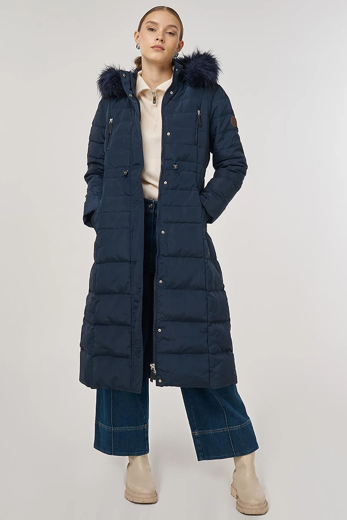 Drawstring Waist Goose Down Padded Coat Navy 