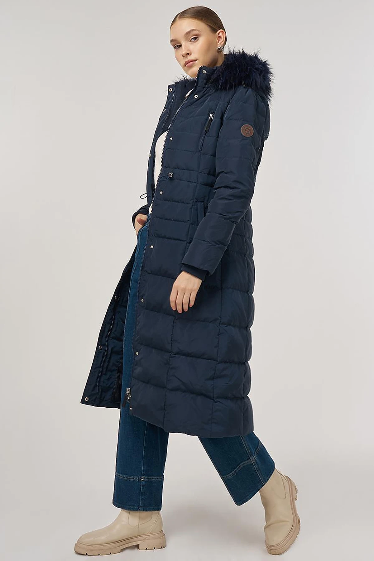 Drawstring Waist Goose Down Padded Coat Navy 