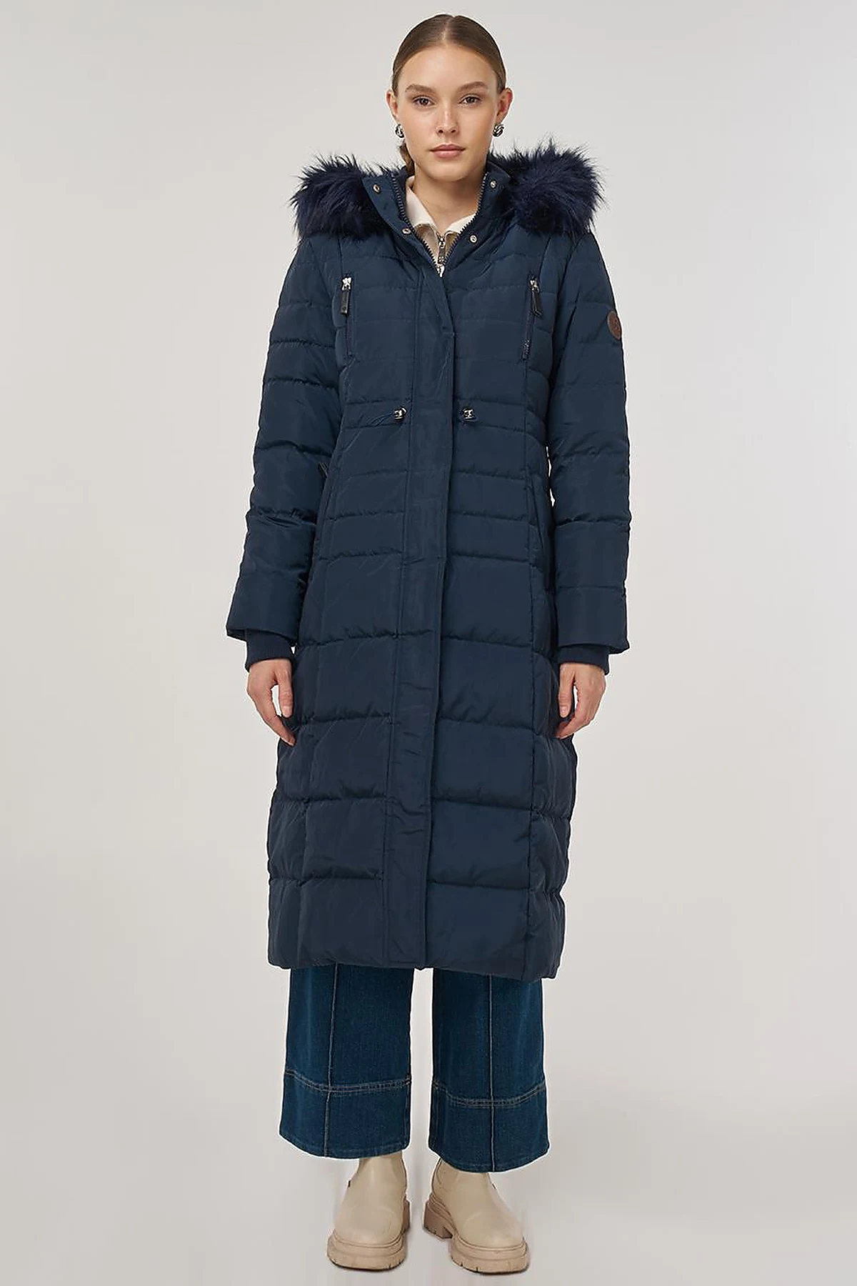Drawstring Waist Goose Down Padded Coat Navy 