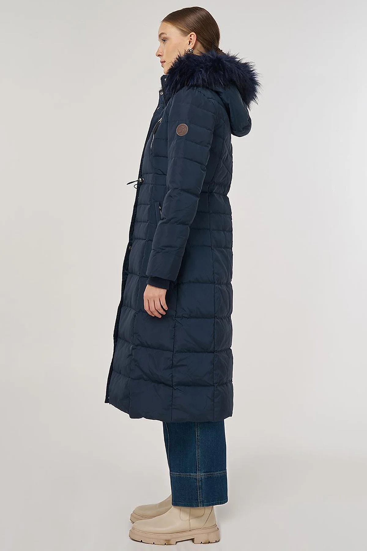 Drawstring Waist Goose Down Padded Coat Navy 