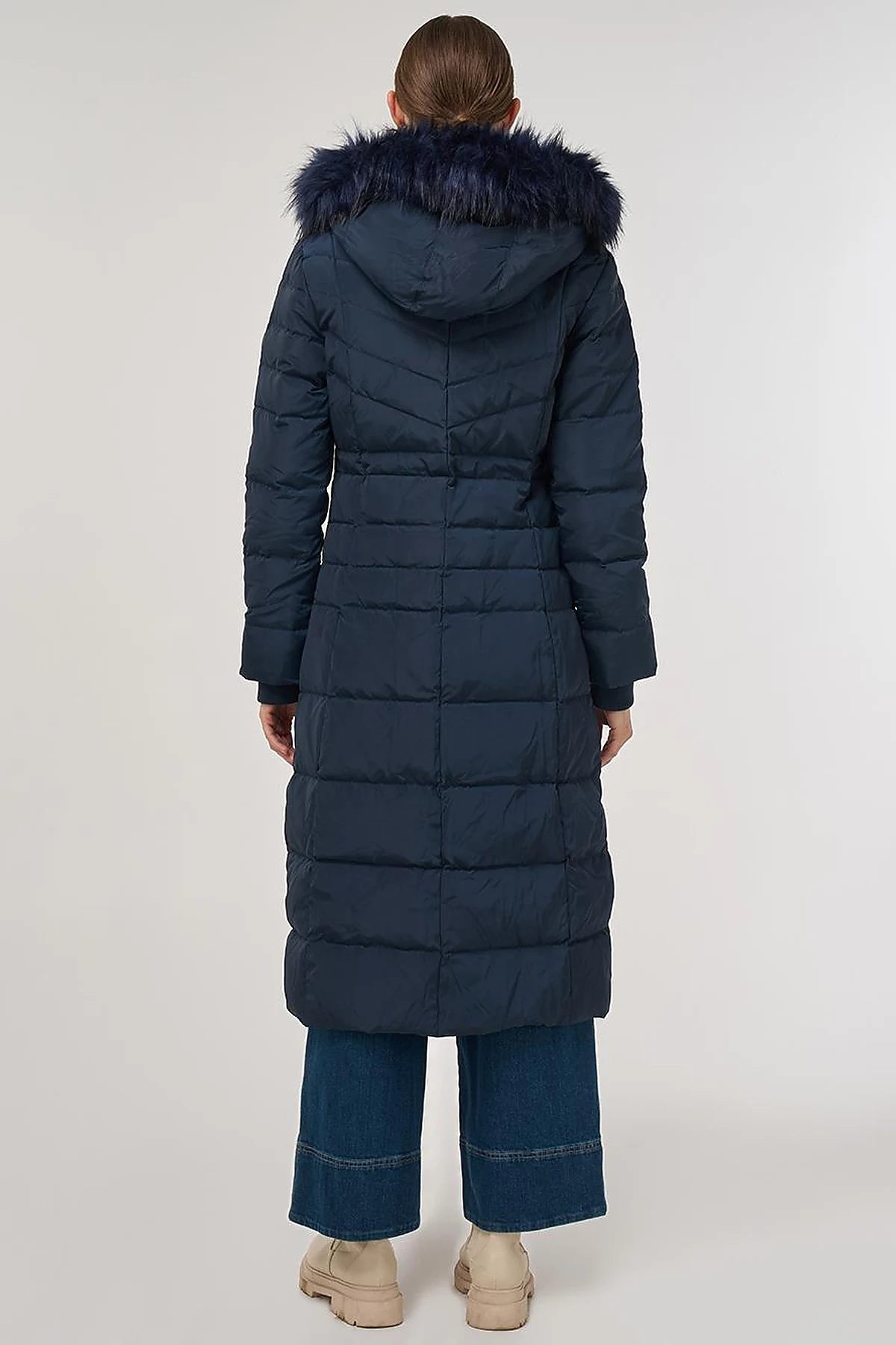 Drawstring Waist Goose Down Padded Coat Navy 