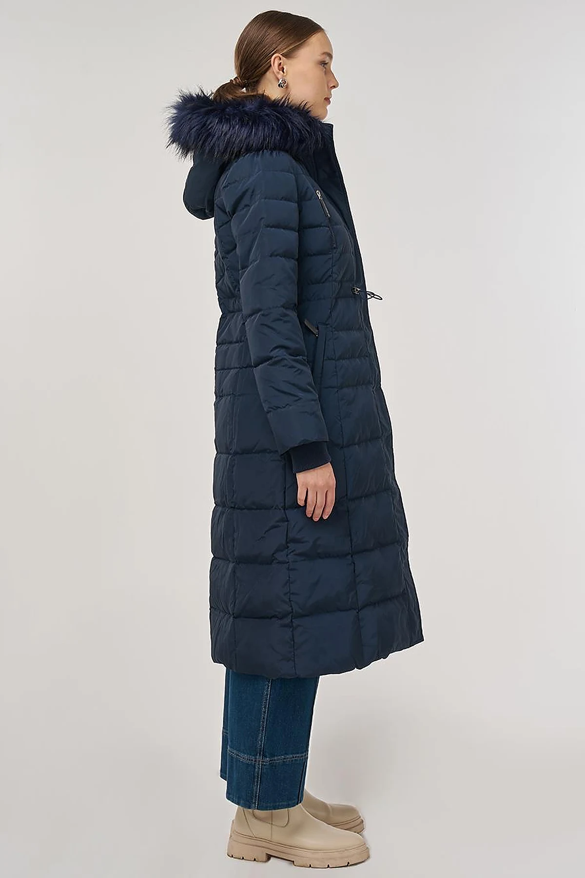 Drawstring Waist Goose Down Padded Coat Navy 