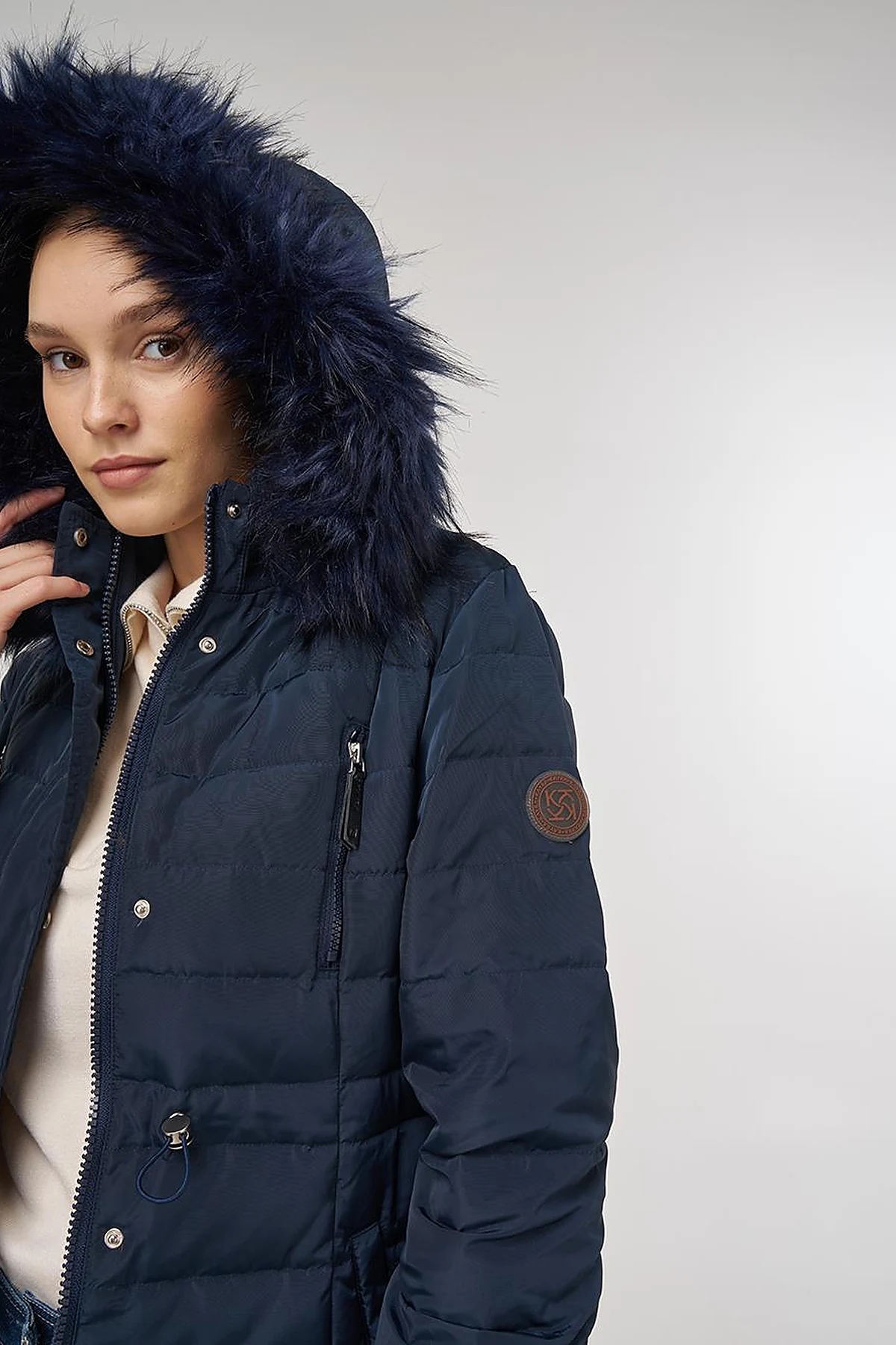 Drawstring Waist Goose Down Padded Coat Navy 