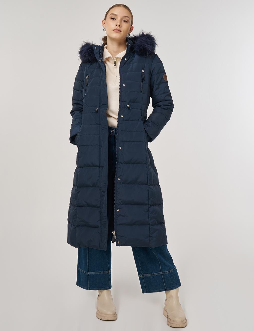 Drawstring Waist Goose Down Padded Coat Navy 