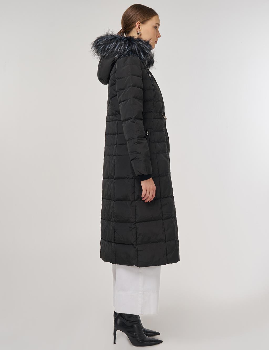 Drawstring Waist Goose Down Padded Coat Black