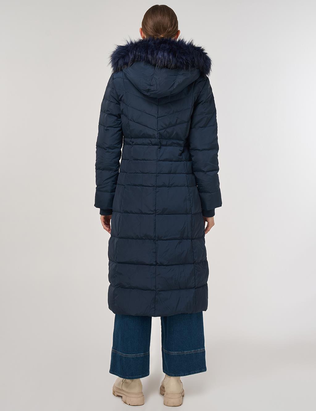 Drawstring Waist Goose Down Padded Coat Navy 