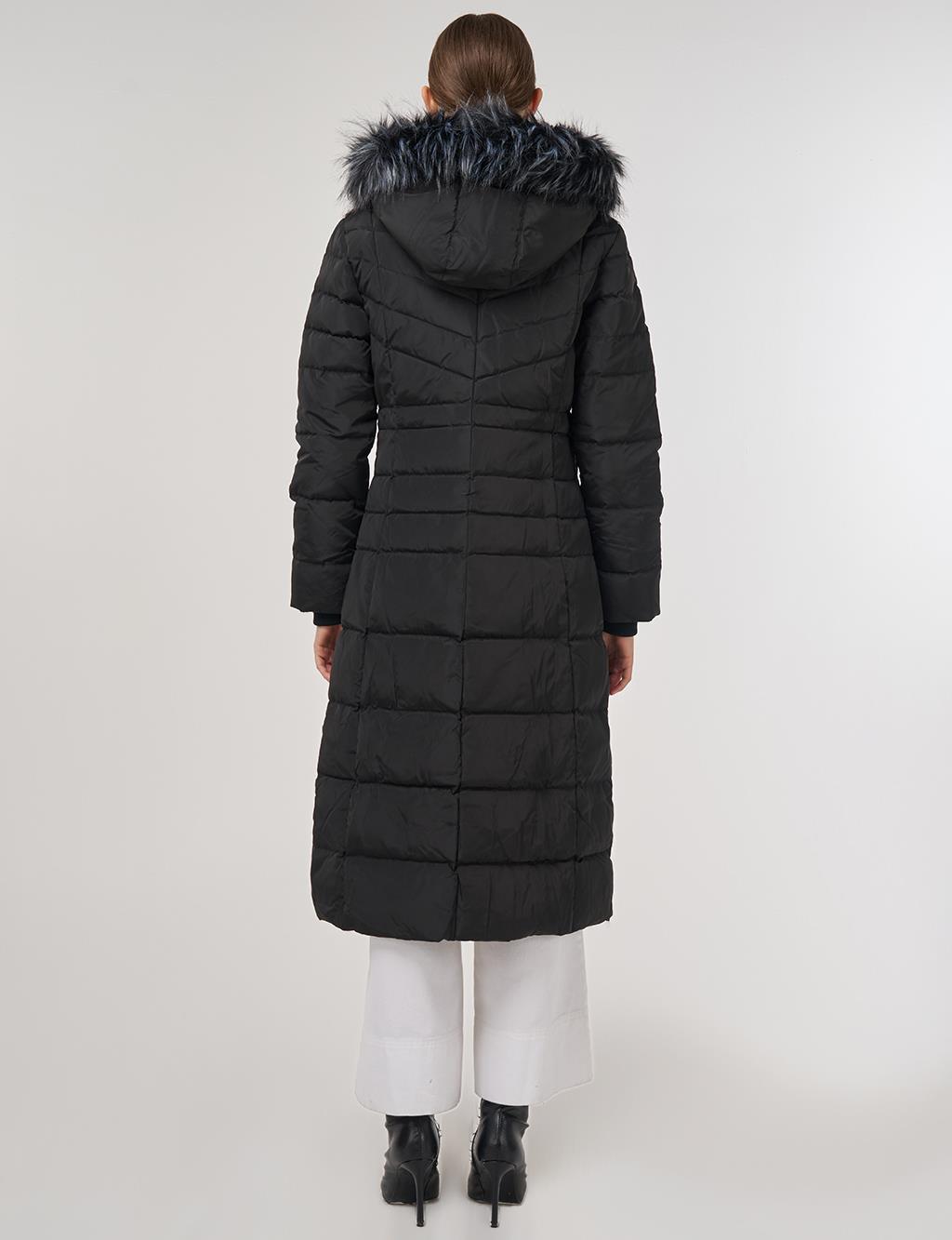 Drawstring Waist Goose Down Padded Coat Black
