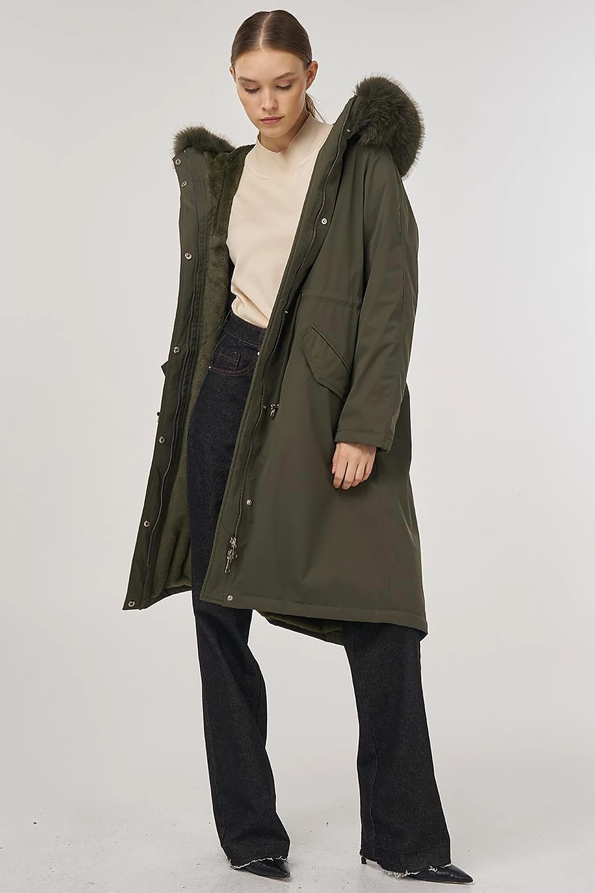 Faux Fur Anorak Jacket Khaki