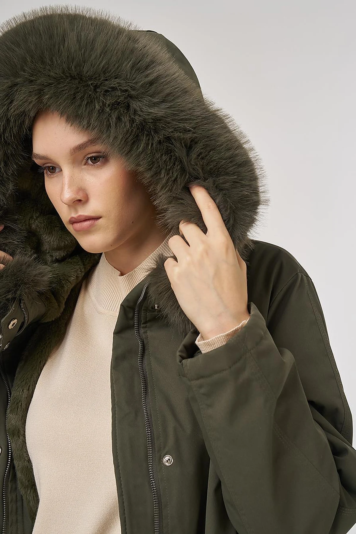 Faux Fur Anorak Jacket Khaki