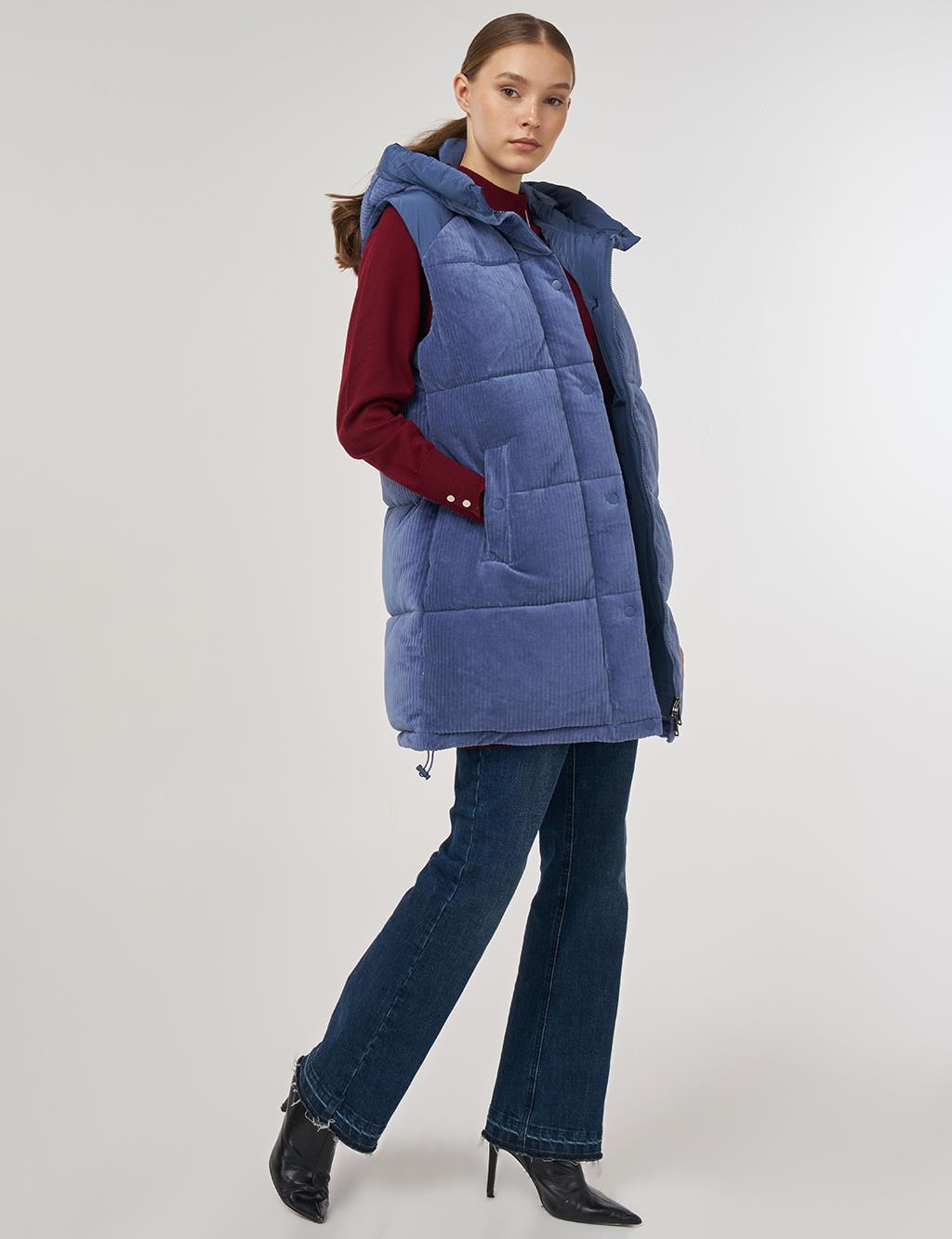 Velvet-Trimmed Puffer Vest Navy