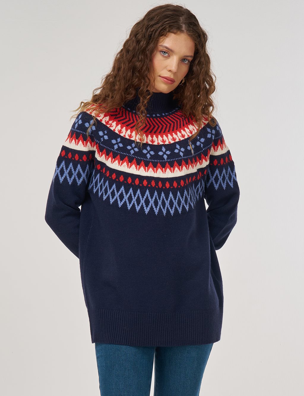 Turtleneck Patterned Knit Tunic Dark Navy