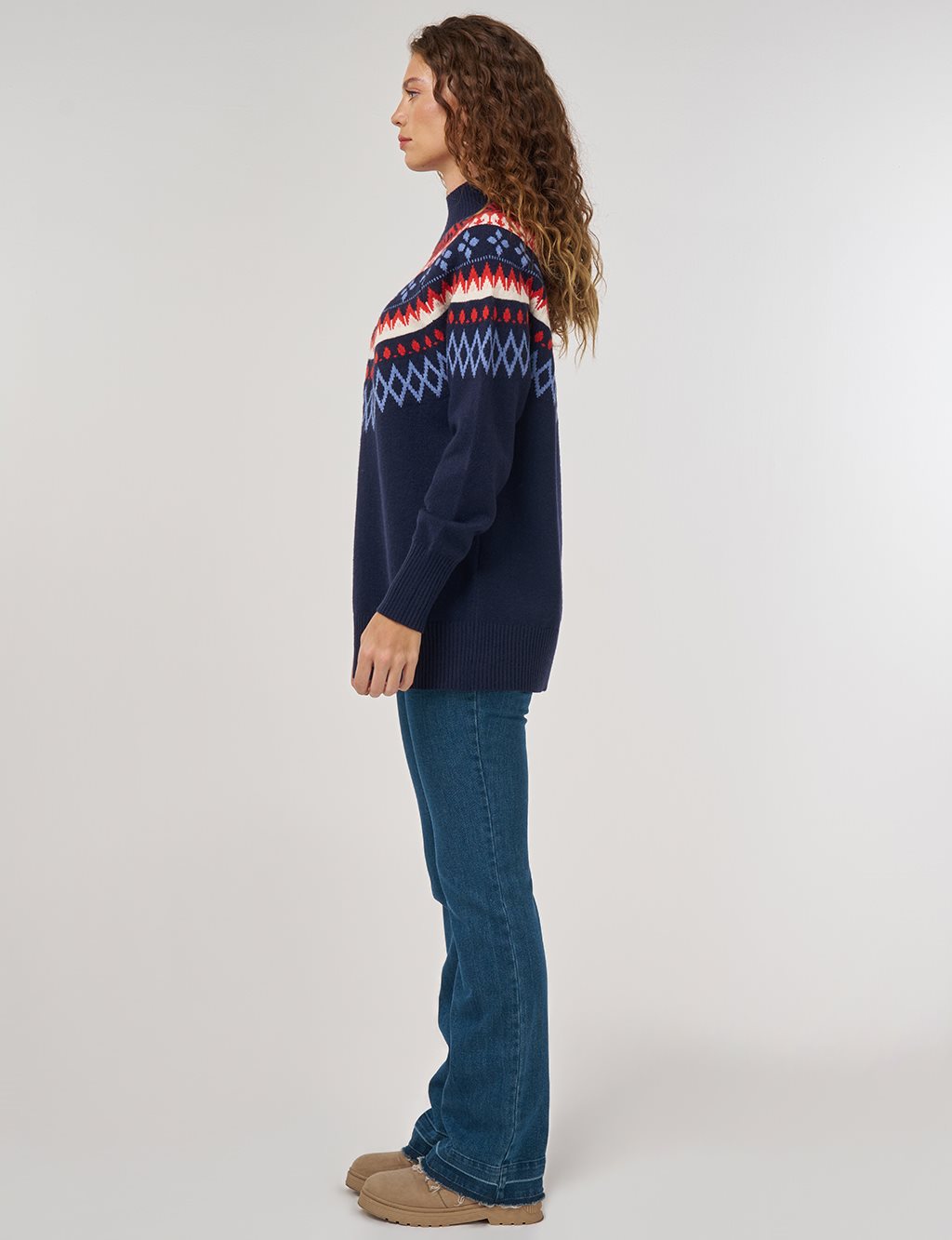 Turtleneck Patterned Knit Tunic Dark Navy