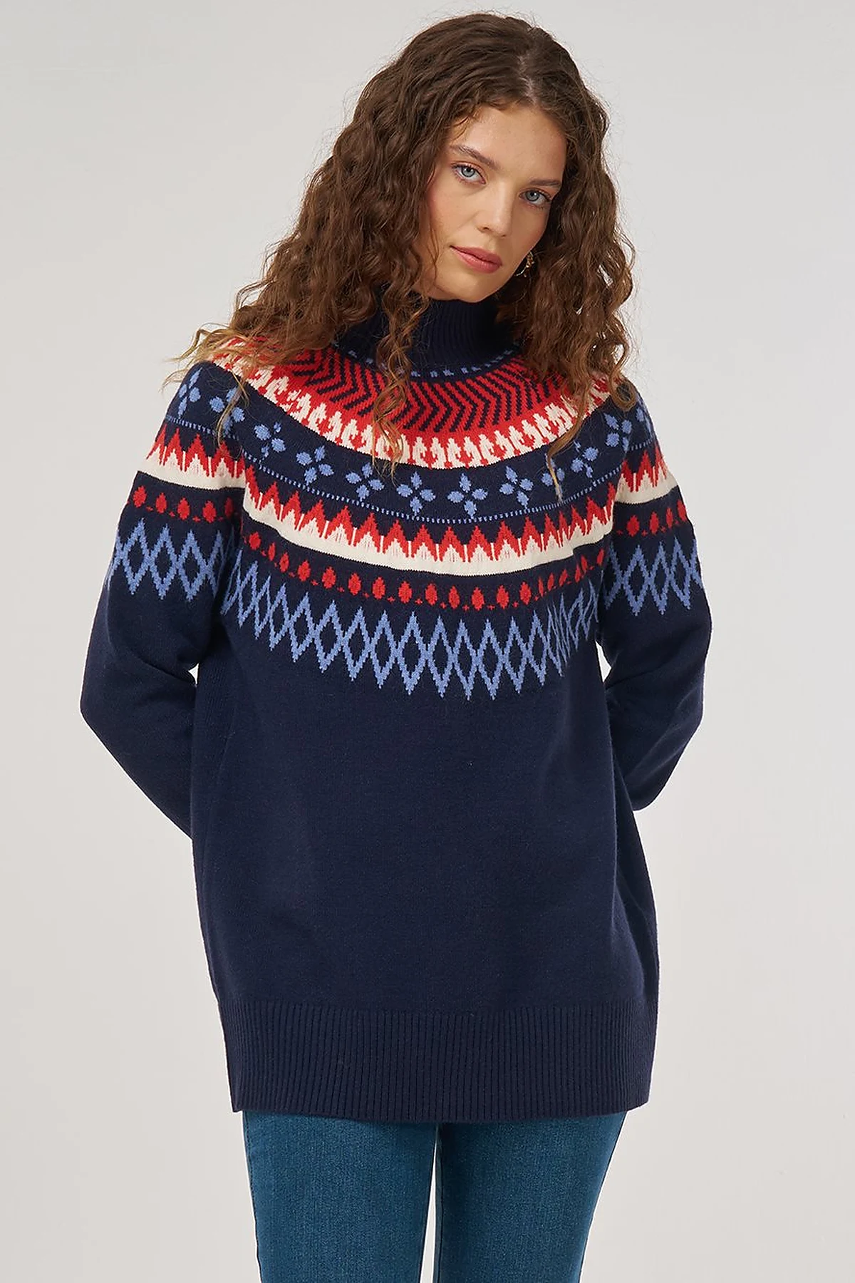 Turtleneck Patterned Knit Tunic Dark Navy