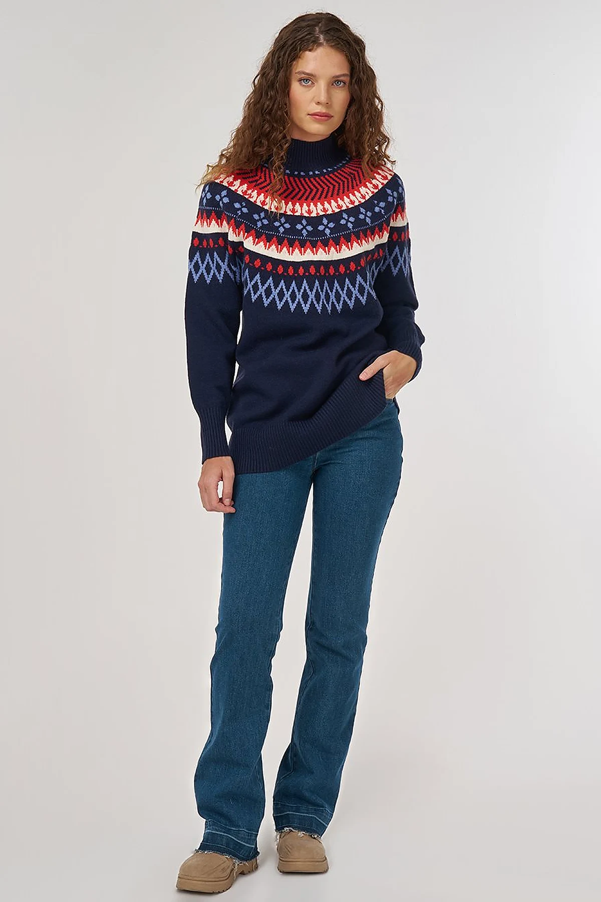 Turtleneck Patterned Knit Tunic Dark Navy