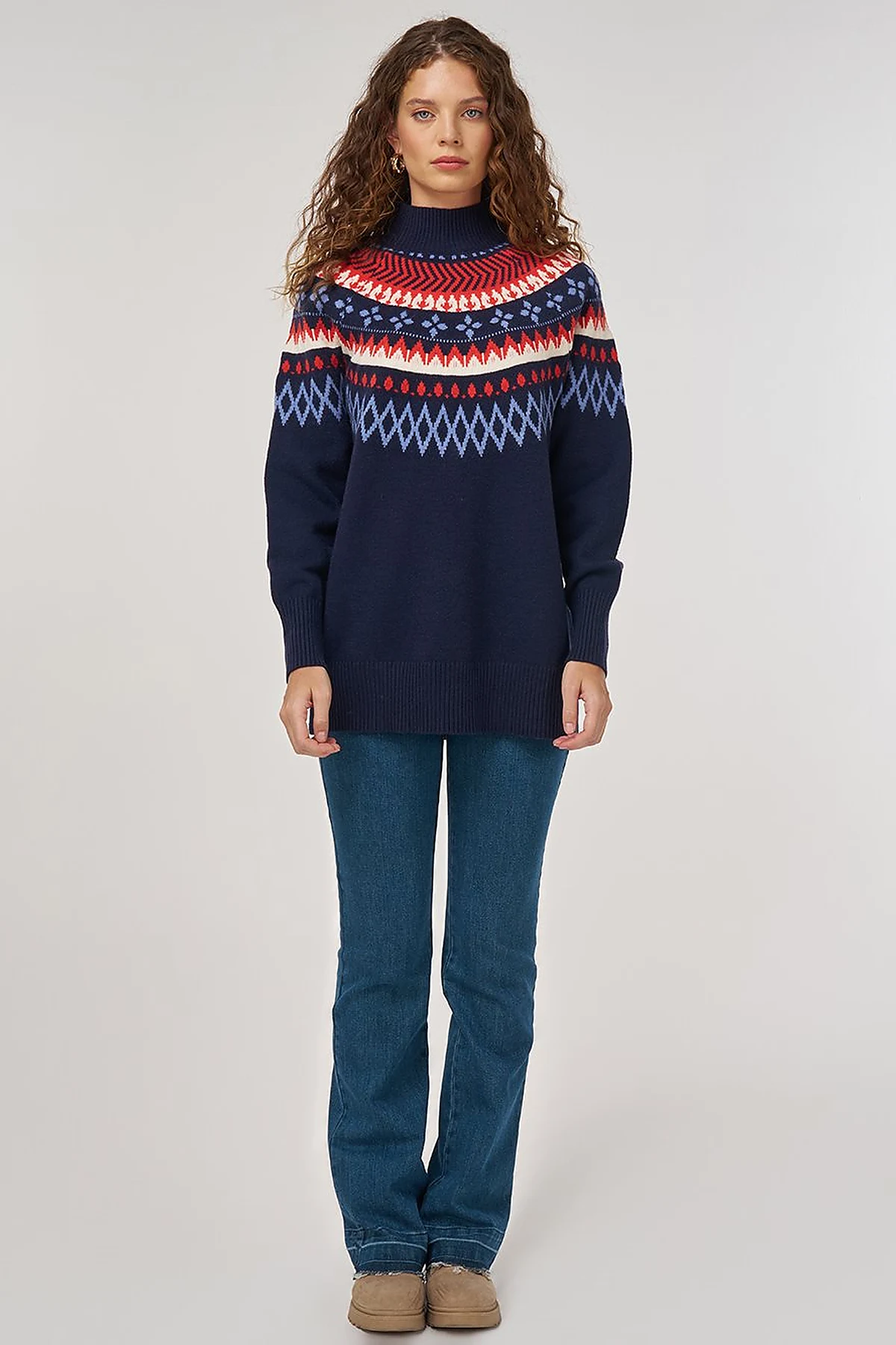 Turtleneck Patterned Knit Tunic Dark Navy