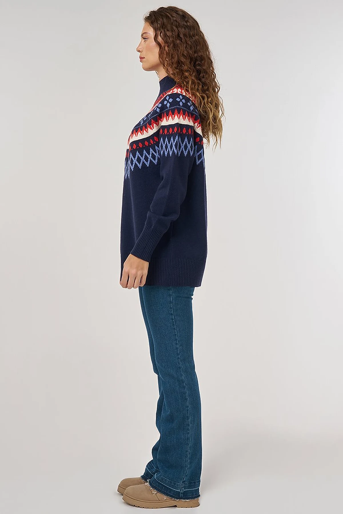 Turtleneck Patterned Knit Tunic Dark Navy