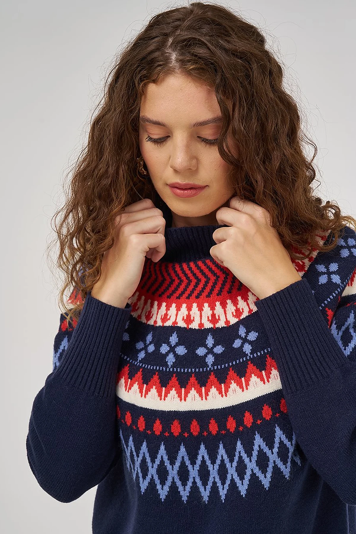 Turtleneck Patterned Knit Tunic Dark Navy