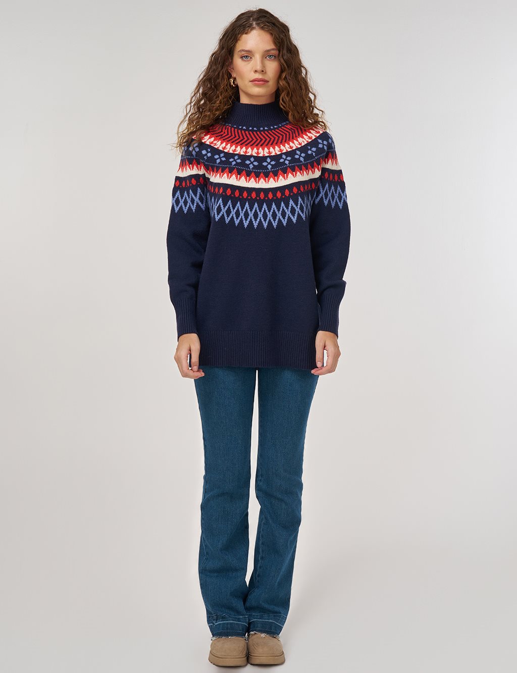 Turtleneck Patterned Knit Tunic Dark Navy