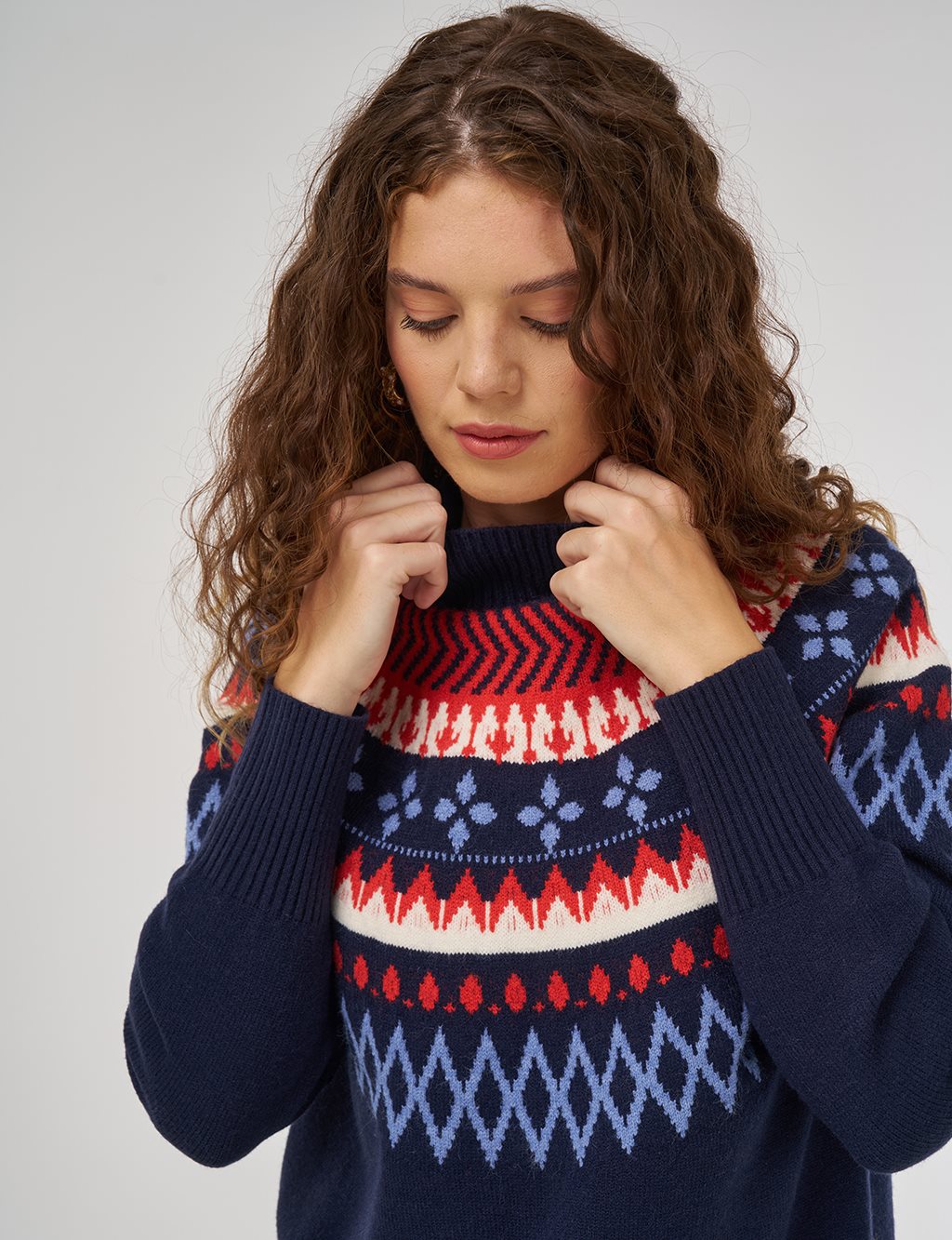 Turtleneck Patterned Knit Tunic Dark Navy