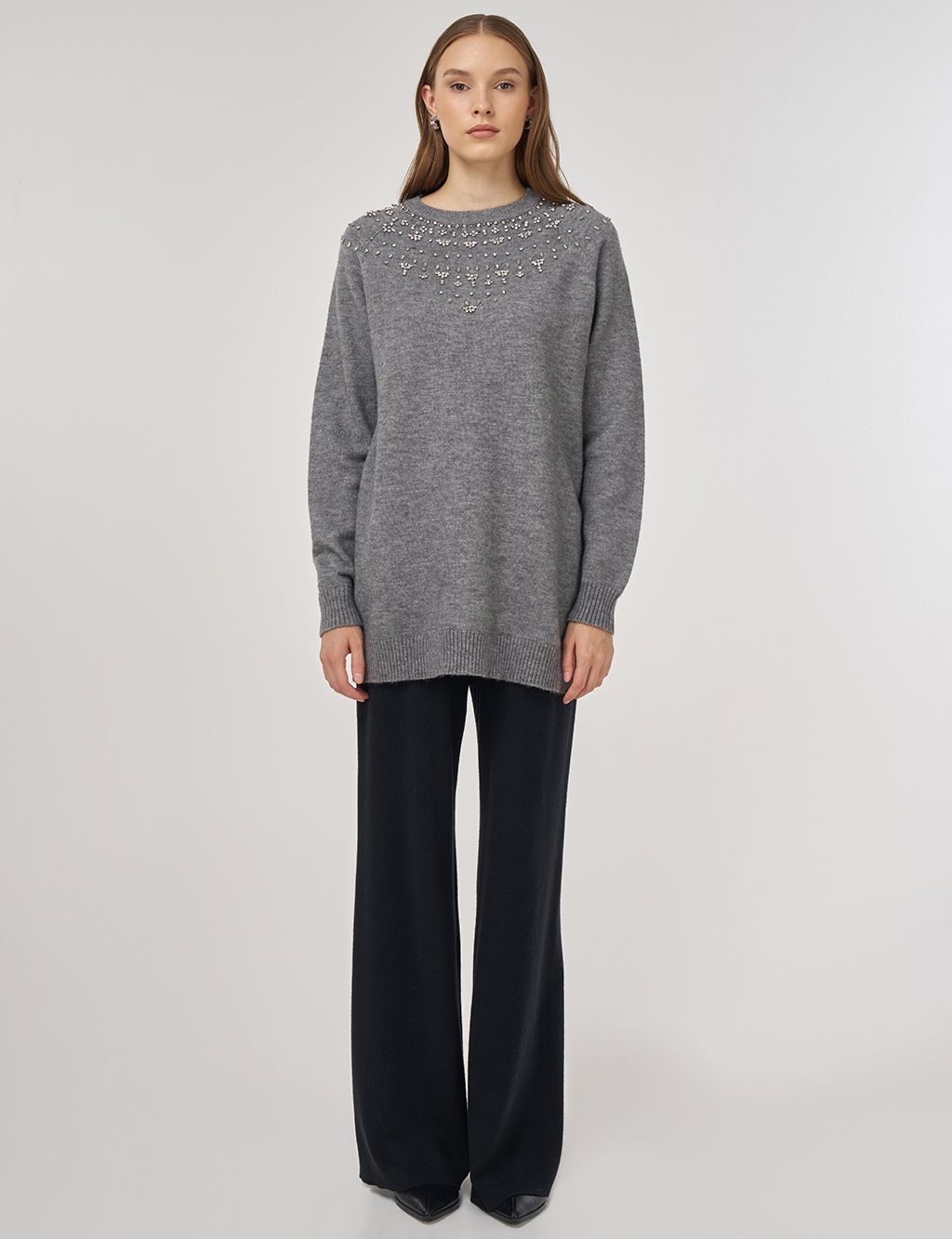 Stone-Embellished Knit Tunic Gray