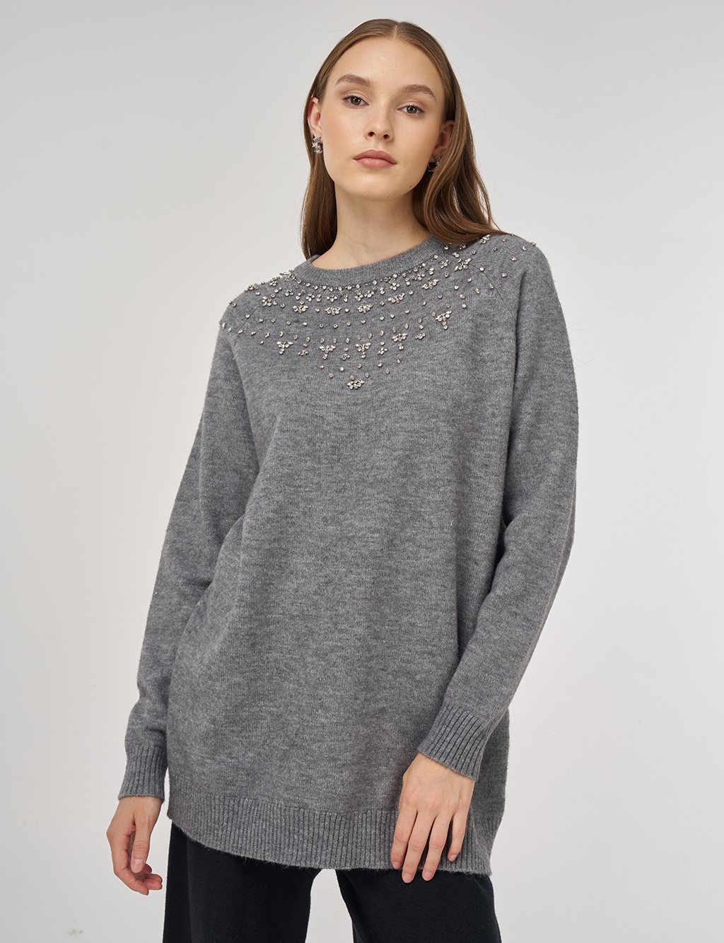 Stone-Embellished Knit Tunic Gray