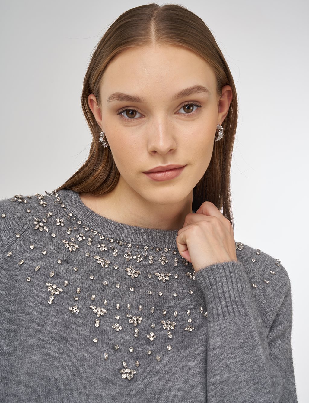 Stone-Embellished Knit Tunic Gray