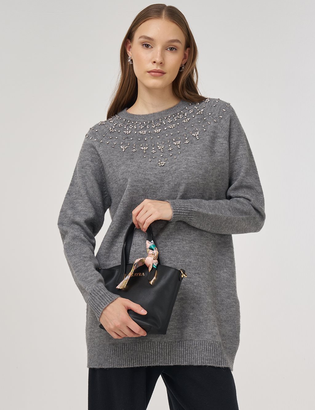 Stone-Embellished Knit Tunic Gray