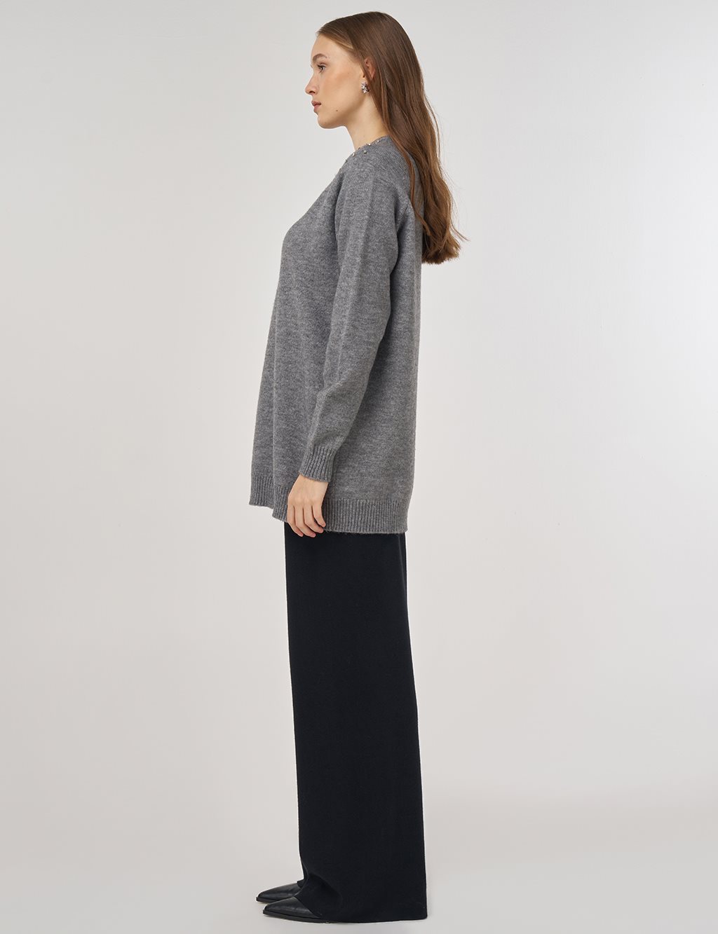 Stone-Embellished Knit Tunic Gray