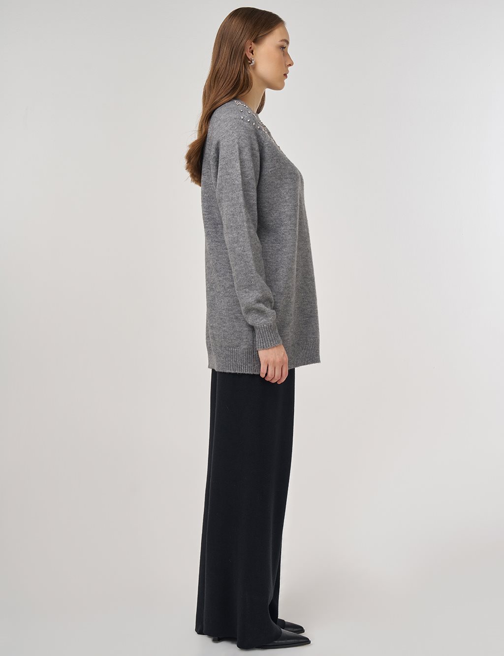 Stone-Embellished Knit Tunic Gray