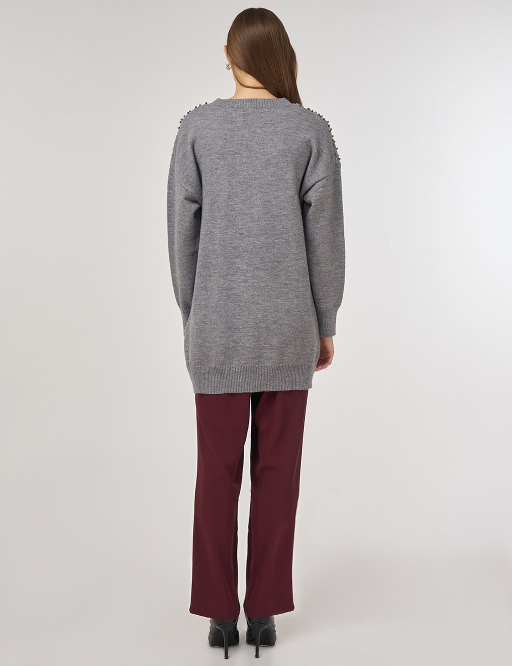 Bead-Embellished Knit Cardigan Gray