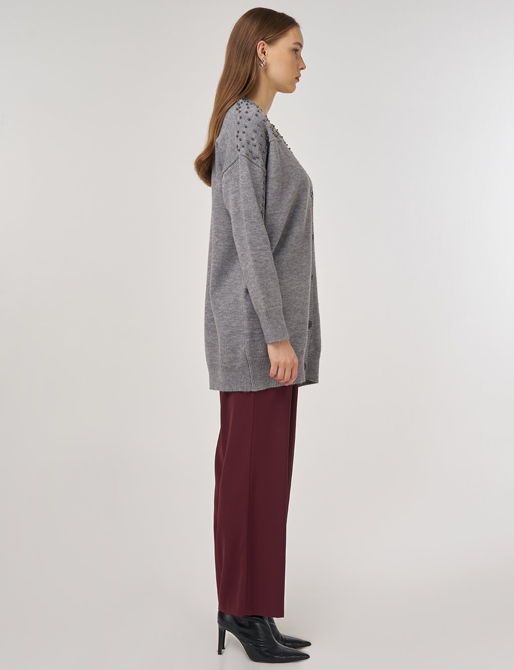 Bead-Embellished Knit Cardigan Gray