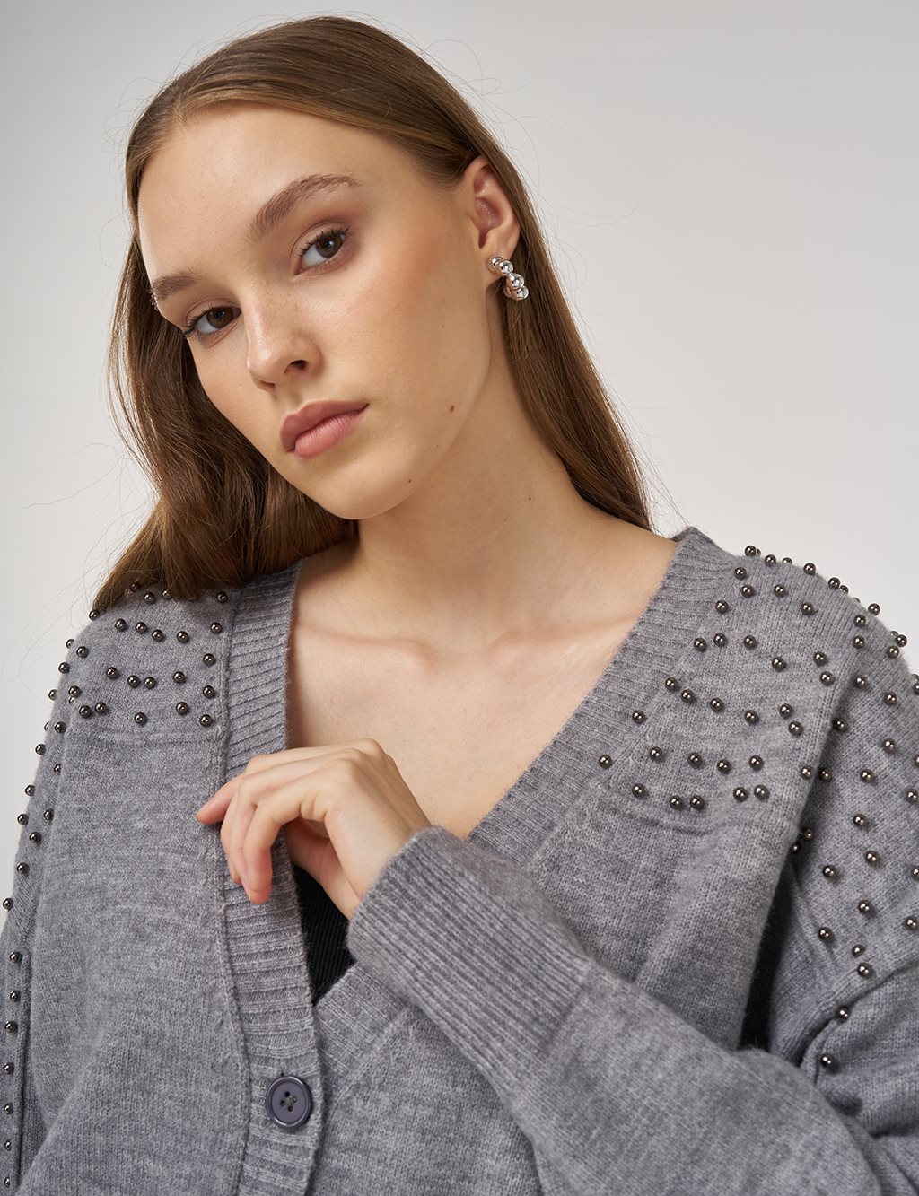 Bead-Embellished Knit Cardigan Gray