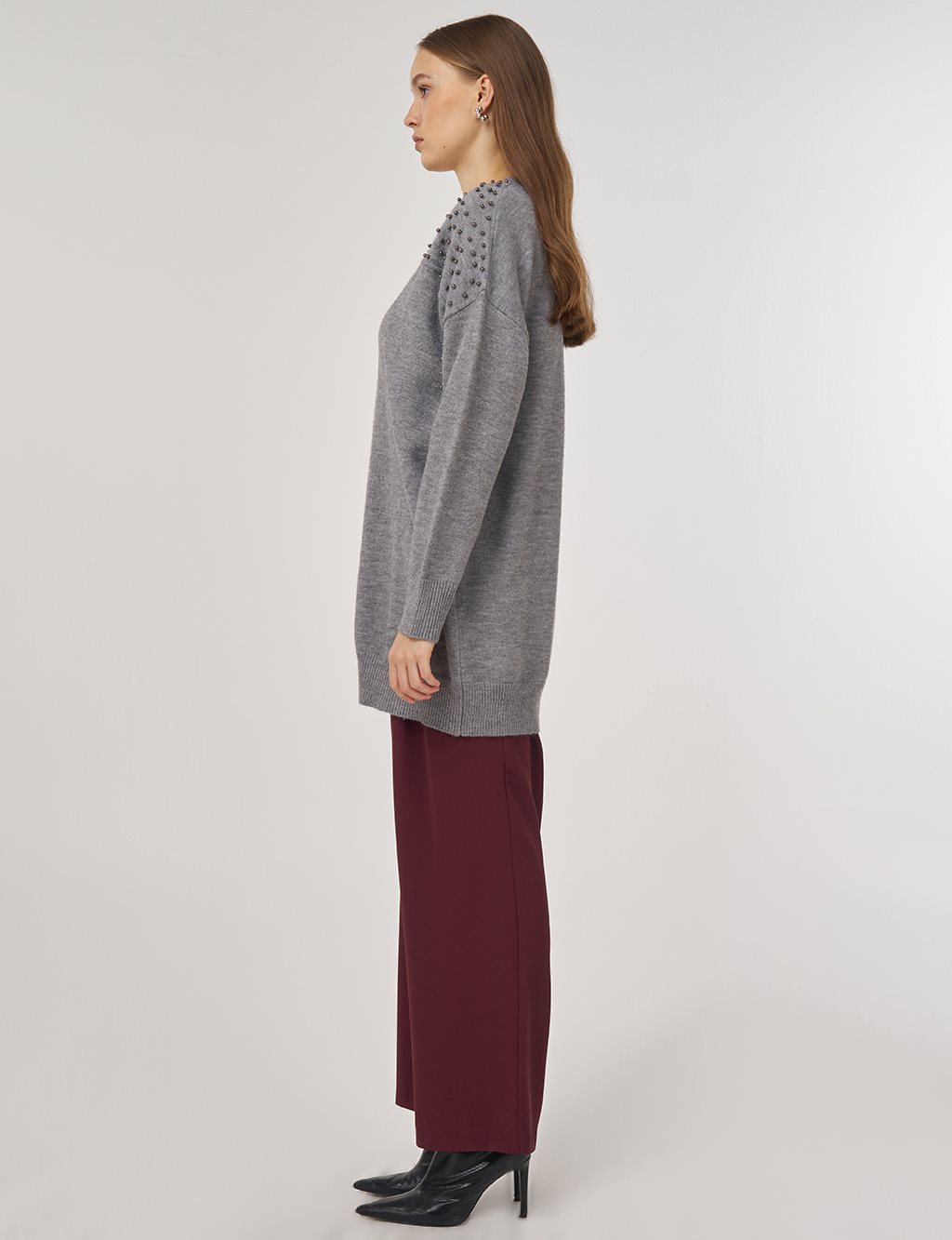 Bead-Embellished Knit Cardigan Gray