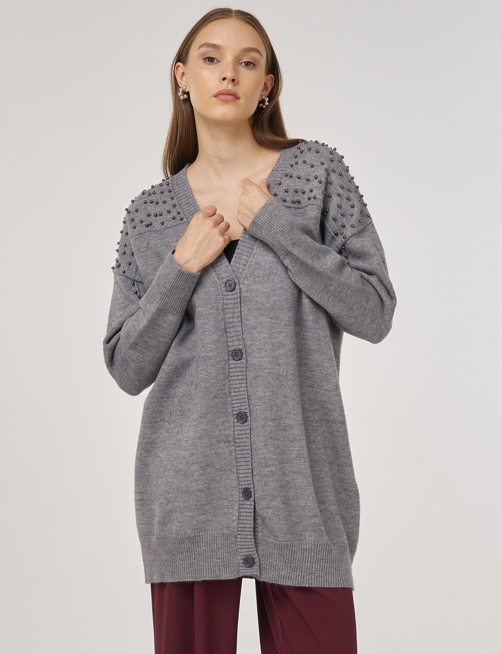Bead-Embellished Knit Cardigan Gray