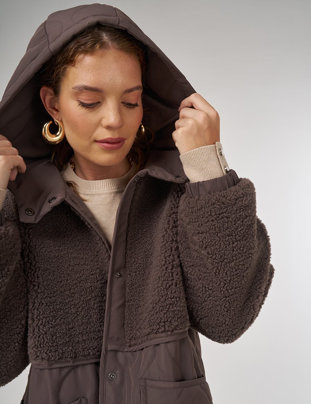 Faux Fur-Detail Anorak Jacket Brown