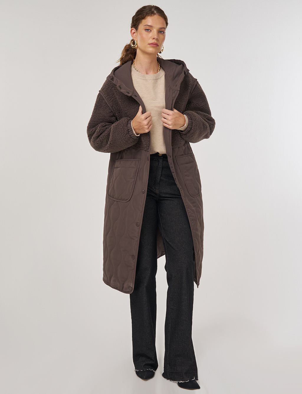 Faux Fur-Detail Anorak Jacket Brown