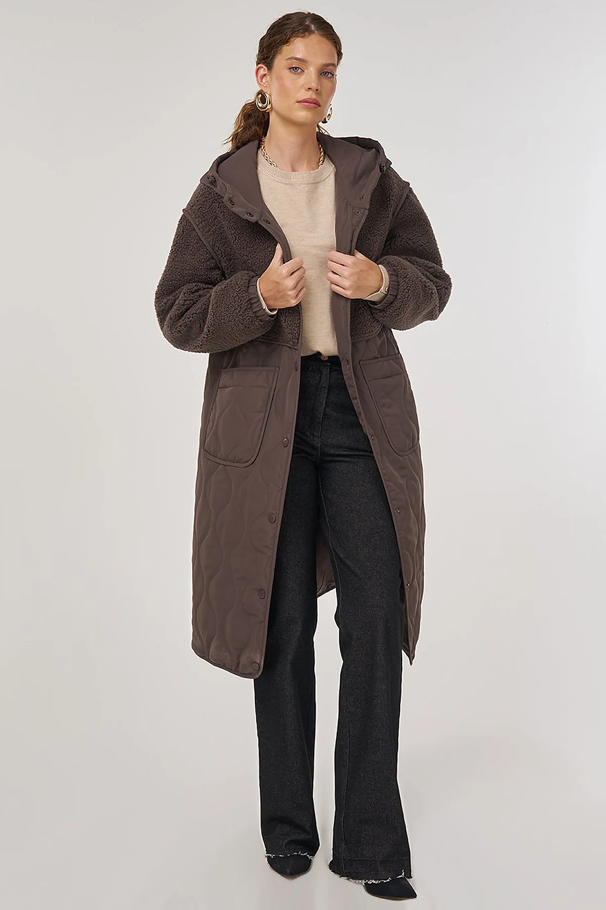 Faux Fur-Detail Anorak Jacket Brown