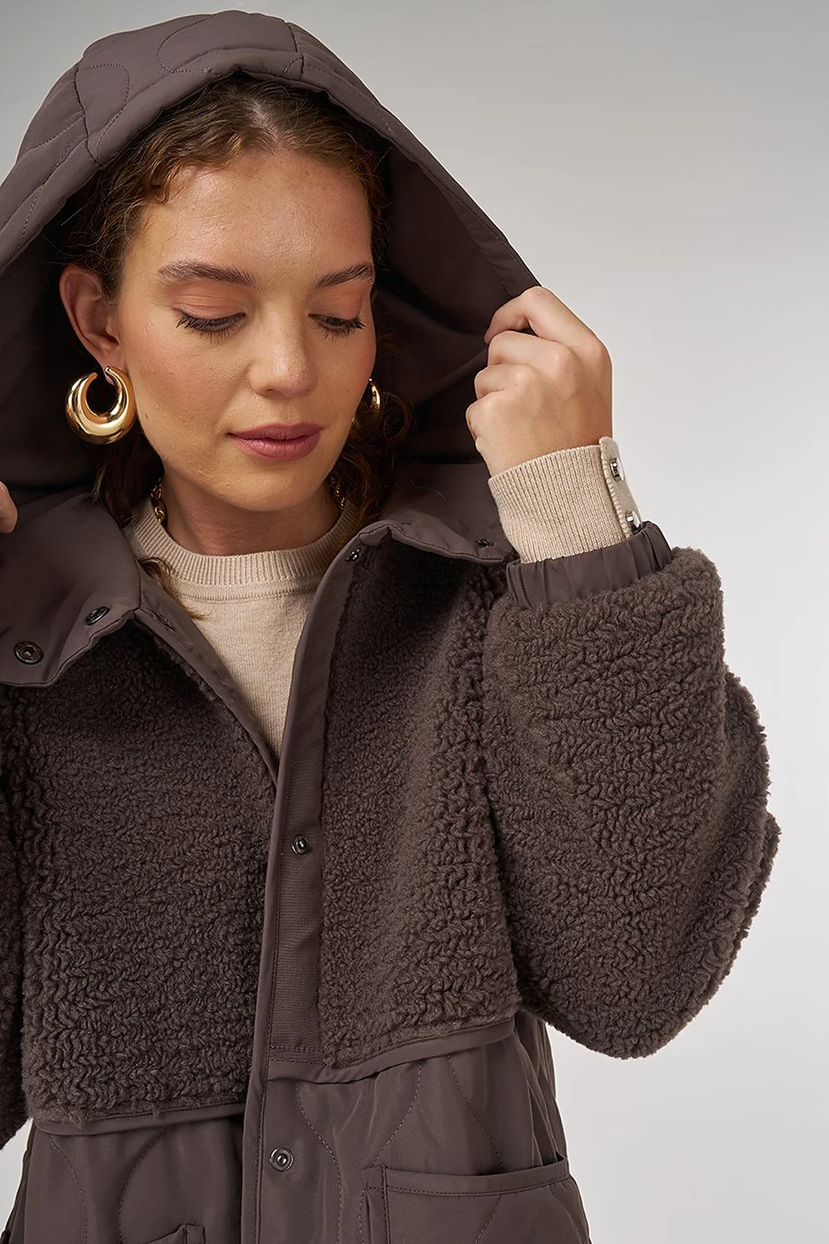 Faux Fur-Detail Anorak Jacket Brown